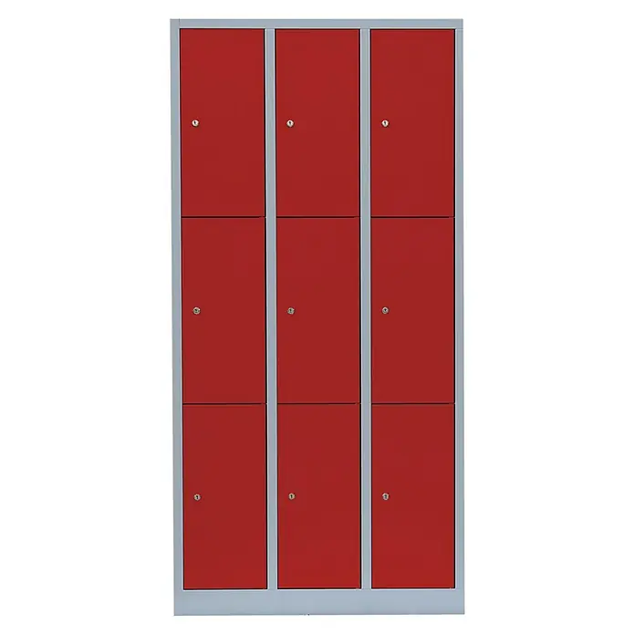 Lüllmann Schließfachschrank - H x B x T: 180 x 88,5 x 50 cm, Lichtgrau/Feuerrot, Fertig montiert, Anzahl Fächer: 9 Stk. - Rote Schließfächer mit silbernem Rahmen bieten sichere Aufbewahrungslösungen für verschiedene Umgebungen wie Schulen oder Fitnessstudios.