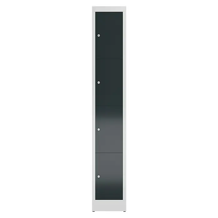 Lüllmann ClassiX Schließfachschrank - H x B x T: 180 x 31 x 50 cm, Lichtgrau/Anthrazit, Fertig montiert, Anzahl Fächer: 4 Stk. - Schmaler grauer Schrank mit vier Fächern und silbernen Knöpfen. Ein elegantes Möbelstück für zusätzlichen Stauraum.