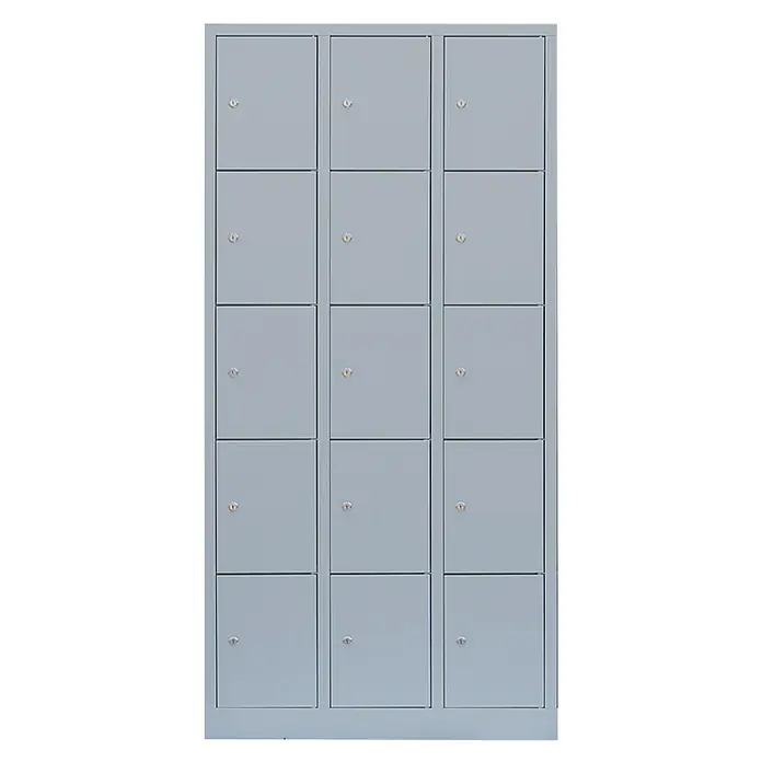 Lüllmann Schließfachschrank - H x B x T: 180 x 88,5 x 50 cm, Lichtgrau, Fertig montiert, Anzahl Fächer: 15 Stk. - Graue Spindschränke mit mehreren Fächern und Schlössern, die sich ideal für die sichere Aufbewahrung von Gegenständen eignen.