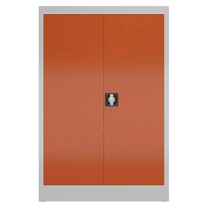 Lüllmann ClassiX Metall-Mehrzweckschrank - H x B x T: 120 x 80 x 38 cm, Lichtgrau/Feuerrot, Fertig montiert, Anzahl Böden: 2 Stk. - Ein orangefarbener Stahlschrank mit zwei Türen und silbernem Rahmen, ideal für Büro oder Werkstatt. Sichere Aufbewahrung durch abschliessbares Schloss.