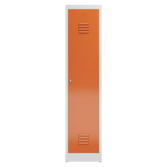 Lüllmann ClassiX Spind mit S/W-Trennung - H x B x T: 180 x 41,5 x 50 cm, Lichtgrau/Feuerrot, Fertig montiert, Anzahl Fächer: 1 Stk. - Aufnahme eines orangefarbenen Metallspinds mit einem weißen Rahmen, der Stabilität und einen modernen Touch verleiht.