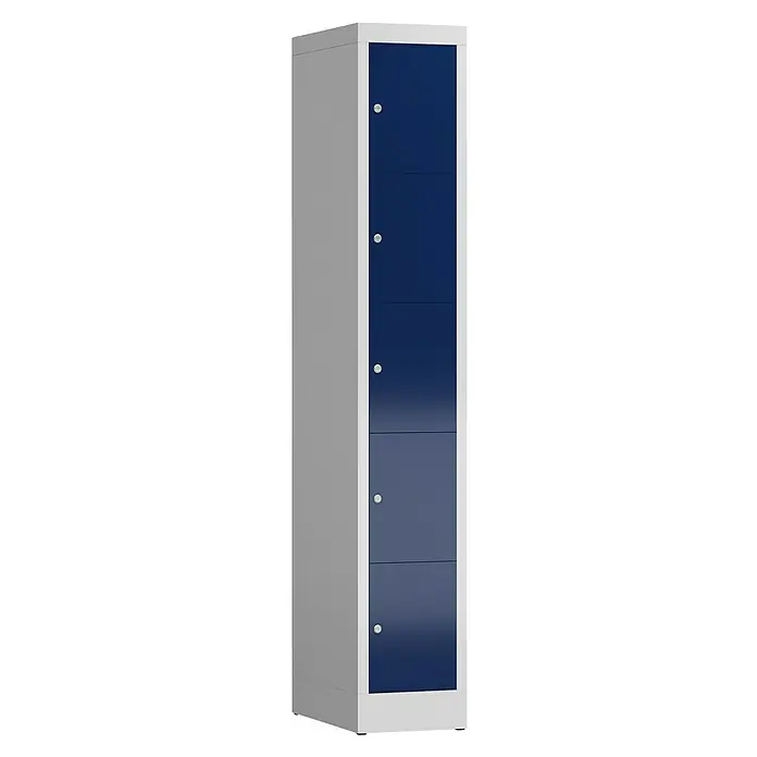 Lüllmann ClassiX Schließfachschrank - H x B x T: 180 x 31 x 50 cm, Lichtgrau/Enzianblau, Fertig montiert, Anzahl Fächer: 5 Stk. - Abbildung eines schlanken, blauen Spindschranks mit fünf Fächern und einem silbernen Korpus, ideal für Büro oder Umkleideräume.