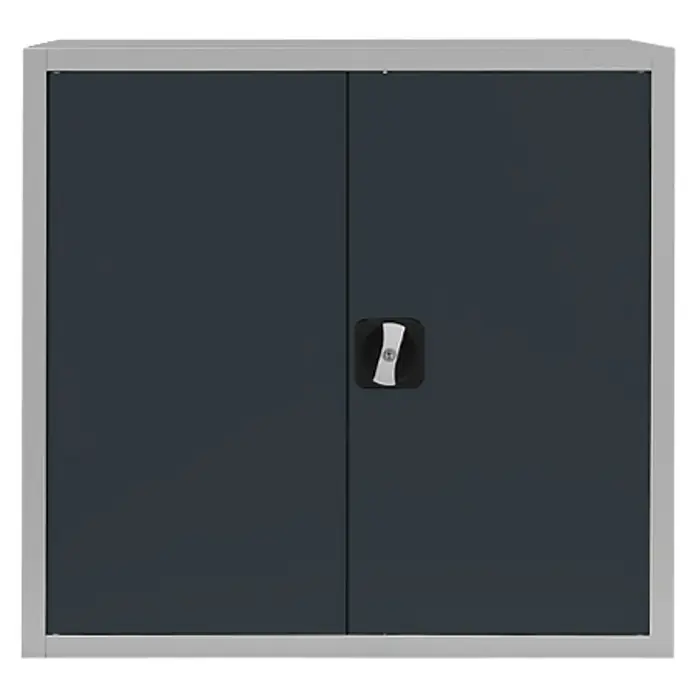 Lüllmann Metall-Mehrzweckschrank - H x B x T: 75 x 80 x 38,3 cm, Lichtgrau/Anthrazit, Fertig montiert, Anzahl Böden: 1 Stk. - Grauer Metallschrank mit zwei Türen und silbernem Rahmen. Der Schrank hat einen Drehgriff in der Mitte der Türen.