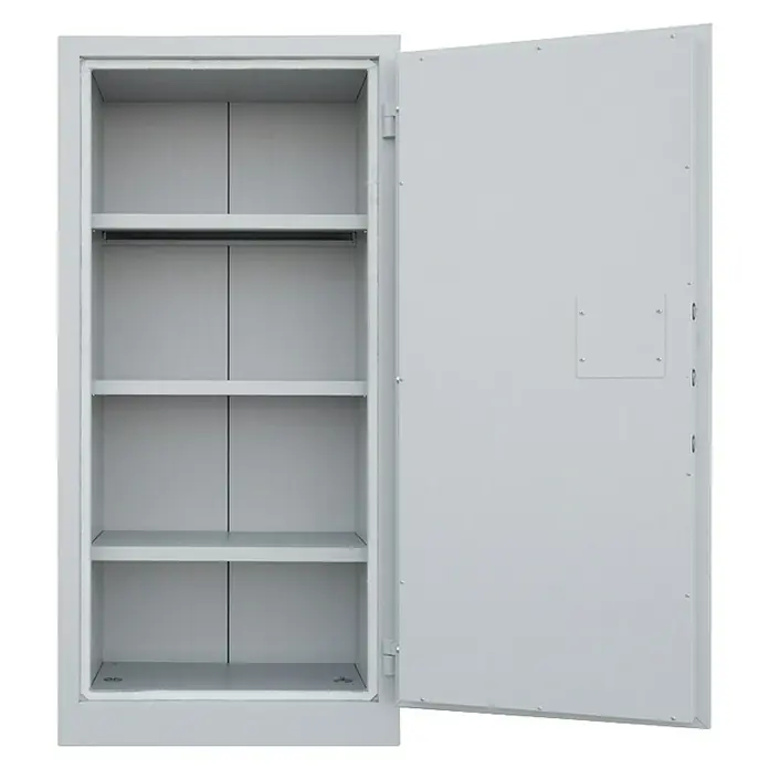 Lüllmann Metall-Mehrzweckschrank Feuergeschützt - H x B x T: 150 x 70 x 55 cm, Lichtgrau, Fertig montiert, Anzahl Böden: 3 Stk. - Grauer Metallschrank mit offener Tür, der sein Inneres mit mehreren Regalen und einer Stange enthüllt, ideal für die Lagerung.