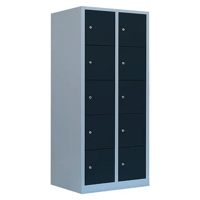 Lüllmann Schließfachschrank - H x B x T: 180 x 80 x 50 cm, Lichtgrau/Anthrazit, Fertig montiert, Anzahl Fächer: 10 Stk. - Ein abschließbarer Spindschrank mit grauen Türen, ideal für Schulen oder Umkleideräume, bietet sichere Aufbewahrung für persönliche Gegenstände.