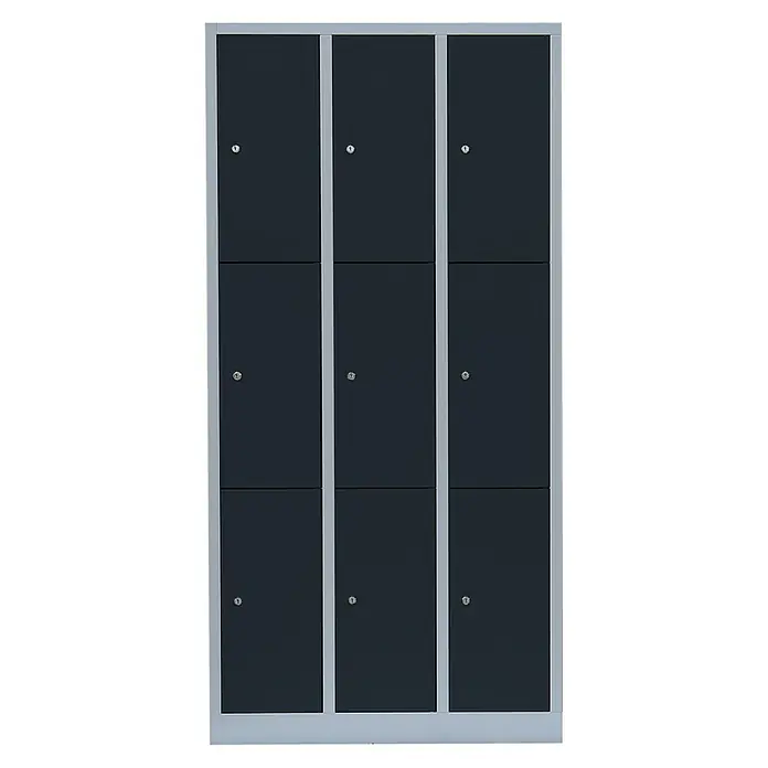 Lüllmann Schließfachschrank - H x B x T: 180 x 88,5 x 50 cm, Lichtgrau/Anthrazit, Fertig montiert, Anzahl Fächer: 9 Stk. - Graue Metallschränke mit drei Spalten und drei Reihen, ideal für die Aufbewahrung. Die Schränke haben Schlösser an jeder Tür.