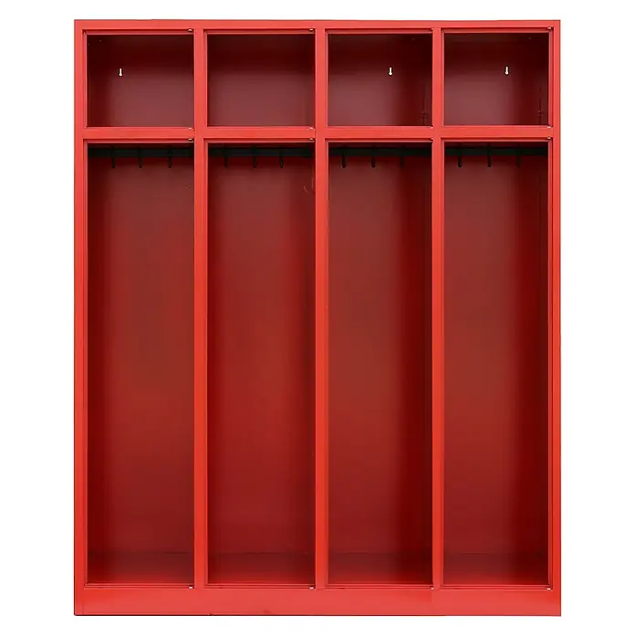 Lüllmann Feuerwehrschrank - H x B x T: 180 x 117 x 50 cm, Feuerrot, Fertig montiert, Anzahl Fächer: 4 Stk. - Roter Garderobenschrank mit vier Abteilen, ideal zur Aufbewahrung von Kleidung und persönlichen Gegenständen in Umkleideräumen.