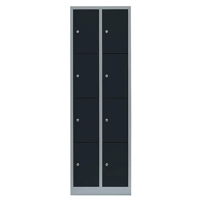 Lüllmann Schließfachschrank - H x B x T: 180 x 60 x 50 cm, Lichtgrau/Anthrazit, Fertig montiert, Anzahl Fächer: 8 Stk. - Schwarzer Spindschrank mit acht separaten Fächern und Schlössern, ideal zur sicheren Aufbewahrung persönlicher Gegenstände in Büros oder Schulen.