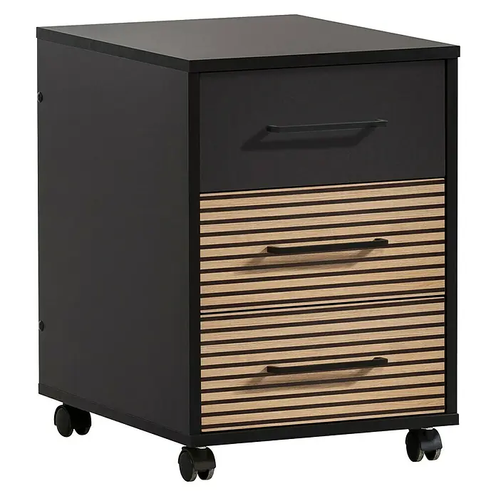 Schildmeyer Hank Rollcontainer - L x B x H: 50 x 40 x 57 cm, Schwarz/Artisan Eiche, Anzahl Schubladen: 3 Stk. - Hier ist ein schwarzer Rollcontainer mit drei Schubladen, von denen zwei eine Holzverkleidung haben.