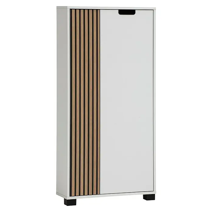 Schildmeyer Ryker Schrank - L x B x H: 19,5 x 59,8 x 124 cm, Weiß - Ein moderner Schuhschrank in Weiß mit Akzenten in Holzoptik. Das Möbelstück bietet praktischen Stauraum für Schuhe im Flur.