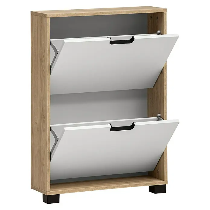 Schildmeyer Emmik Schuhregal - L x B x H: 19,5 x 59,8 x 85,2 cm, Weiß/Eiche, Anzahl Fächer: 2 Stk. - Ein Schuhschrank mit zwei Kippfächern aus hellem Holz und weißen Fronten für eine stilvolle Aufbewahrung Ihrer Schuhe.