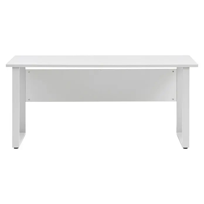 Schildmeyer 1500 Schreibtisch - L x B x H: 65 x 160 x 73,5 cm, Lichtgrau - Nahaufnahme eines stilvollen, weißen Schreibtisches mit klaren Linien und minimalistischem Design, ideal für moderne Arbeitsbereiche.