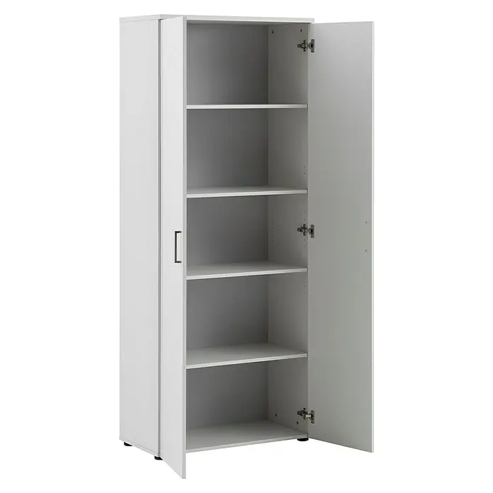 Schildmeyer 1500 Schrank - L x B x H: 41 x 80,2 x 199,5 cm, Lichtgrau - Ein offener, weißer Büroschrank mit fünf Regalböden, der viel Stauraum bietet, um Dokumente und Büromaterialien ordentlich zu verstauen.