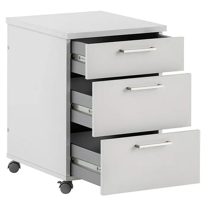 Schildmeyer 1500 Rollcontainer - L x B x H: 49,6 x 41,2 x 60,1 cm, Lichtgrau, Anzahl Schubladen: 3 Stk. - Rollcontainer mit drei Schubladen, teilweise geöffnet, in Weiß. Praktische Aufbewahrungslösung für Büro oder Homeoffice.