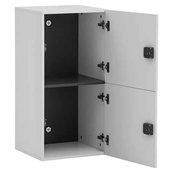 Schildmeyer Spind Locked - L x B x H: 40,6 x 45,5 x 92,6 cm, Anzahl Türen: 2 Stk., Weiß, Elektronisches RFID-Schloss - Abgebildeter, offener weißer Wandschrank mit schwarzem Innenraum und Einlegeboden.