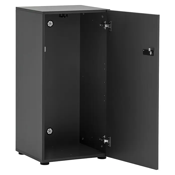 Schildmeyer Spind Locked - L x B x H: 40,6 x 45,5 x 92,6 cm, Anzahl Türen: 1 Stk., Anthrazit, Zahlenschloss - Aufnahme eines offenen, anthrazitfarbenen Möbelschrankes, der die interne Struktur und die Beschläge hervorhebt.