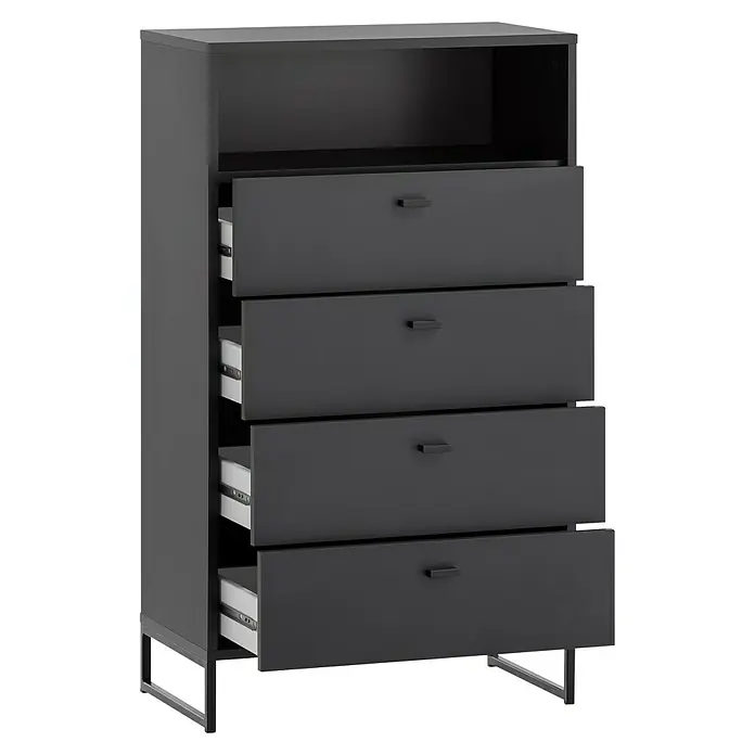 Schildmeyer Janne Highboard - L x B x H: 33 x 60,2 x 103,9 cm, Schwarz - Das Bild zeigt eine graue Kommode mit vier Schubladen, von denen einige geöffnet sind, und einem offenen Fach oben.