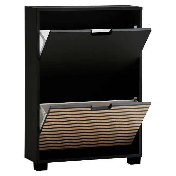 Schildmeyer Ryker Schuhregal - L x B x H: 59,8 x 19,5 x 85,2 cm, Schwarz, Anzahl Fächer: 2 Stk. - Moderne Schuhaufbewahrung mit Kippfächern in Schwarz und Holzoptik. Praktisch für Flur oder Eingangsbereich zur ordentlichen Aufbewahrung von Schuhen.