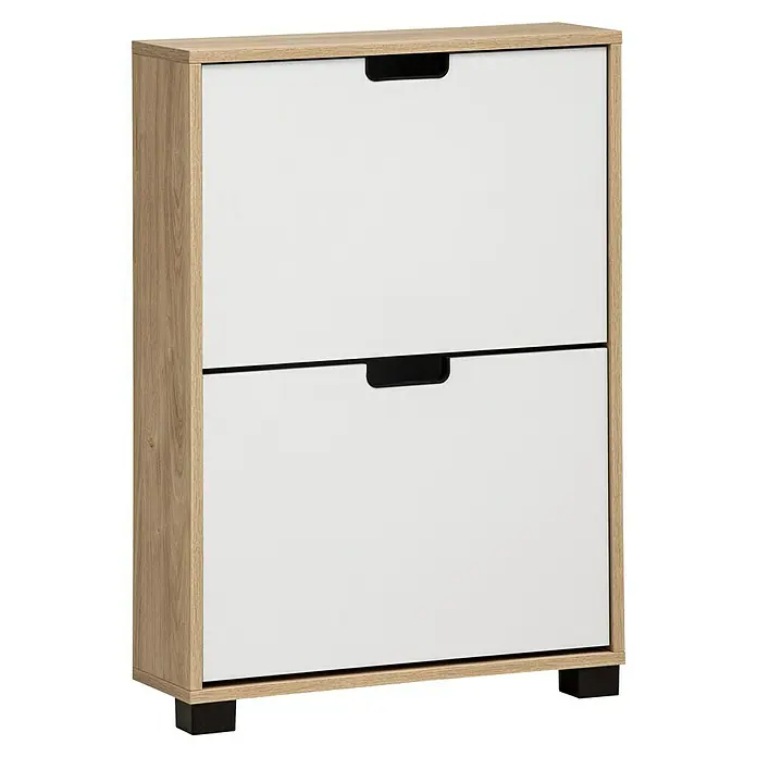 Schildmeyer Emmik Schuhregal - L x B x H: 19,5 x 59,8 x 85,2 cm, Weiß/Eiche, Anzahl Fächer: 2 Stk. - Schuhschrank mit zwei weißen Klappen und einem Holzrahmen, der Funktionalität und stilvolles Design vereint.