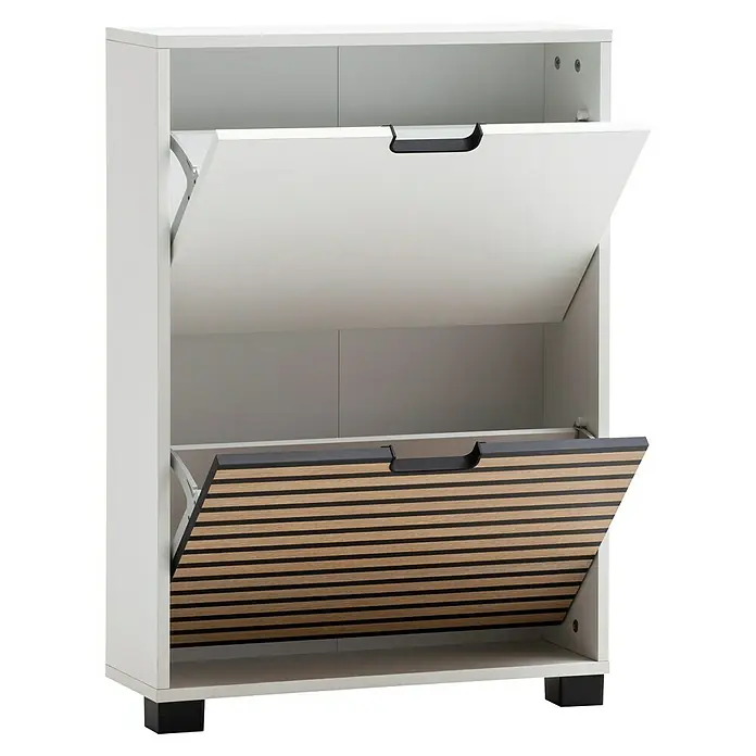 Schildmeyer Ryker Schuhregal - L x B x H: 59,8 x 19,5 x 85,2 cm, Weiß, Anzahl Fächer: 2 Stk. - Das Bild zeigt einen weißen Schuhschrank mit zwei offenen Fächern, eines mit einer weißen und eines mit einer Holzfront.