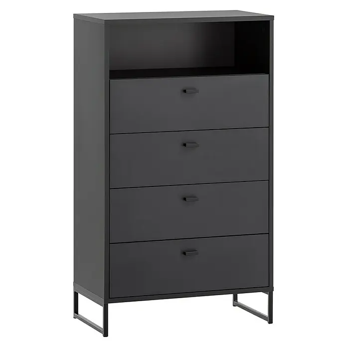 Schildmeyer Janne Highboard - L x B x H: 33 x 60,2 x 103,9 cm, Schwarz - Dunkelgraue Kommode mit vier Schubladen und einem offenen Fach oben, ideal für stilvolle Aufbewahrung im modernen Wohnraum.