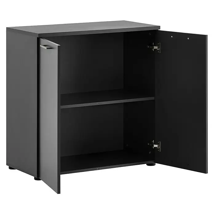 Schildmeyer 1500 Kommode - L x B x H: 41 x 80,2 x 84 cm, Anthrazit - Grauer Büroschrank mit zwei offenen Türen und einem Fachboden im Inneren, ideal für die Aufbewahrung von Bürobedarf.