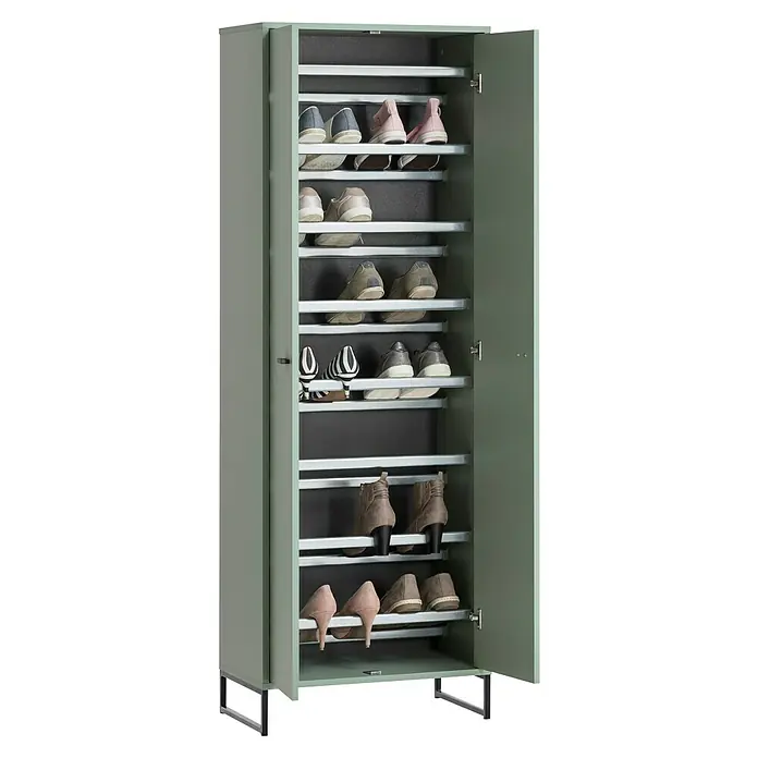 Schildmeyer Janne Schuhschrank - L x B x H: 33 x 60,2 x 169,7 cm, Pistazie - Hier ist ein geräumiger Schuhschrank mit mehreren Regalen zur Aufbewahrung verschiedener Schuhe, der Ordnung und Übersichtlichkeit bietet.