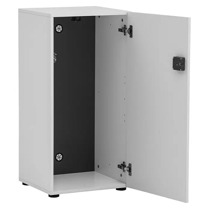 Schildmeyer Spind Locked - L x B x H: 40,6 x 45,5 x 92,6 cm, Anzahl Türen: 1 Stk., Weiß, Elektronisches RFID-Schloss - Ein offener weißer Schrank mit grauer Innenseite, der seine Regalböden und Beschläge zeigt. Ideal für die Aufbewahrung in jedem Raum.