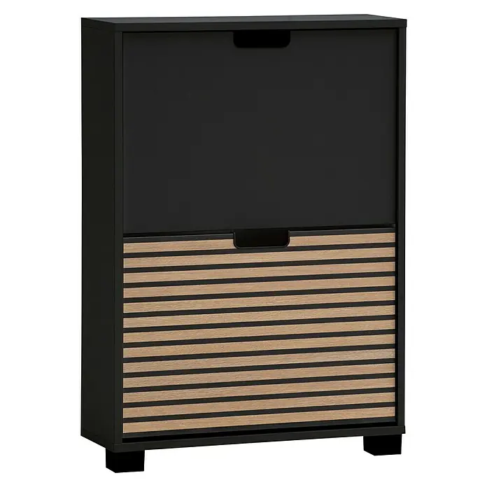 Schildmeyer Ryker Schuhregal - L x B x H: 59,8 x 19,5 x 85,2 cm, Schwarz, Anzahl Fächer: 2 Stk. - Attraktiver Schuhschrank in Schwarz mit Holzdetails. Er bietet stilvolle Aufbewahrung für Ihre Schuhe und passt perfekt in den Flur.