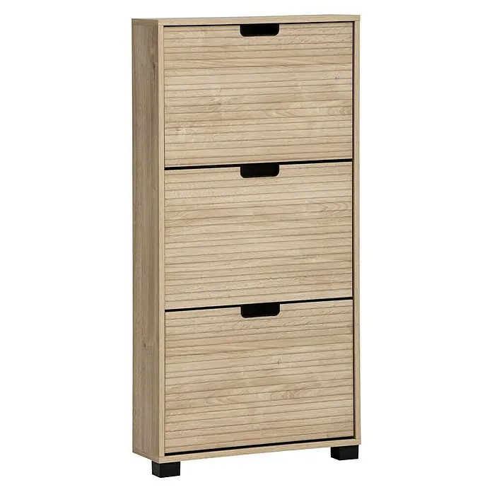 Schildmeyer Emmik Schuhregal - L x B x H: 19,5 x 59,8 x 124 cm, Eiche, Anzahl Fächer: 3 Stk. - Holzschuhschrank mit drei Kippfächern und schlichtem Design, ideal für die Aufbewahrung von Schuhen und zur Organisation des Eingangsbereichs.