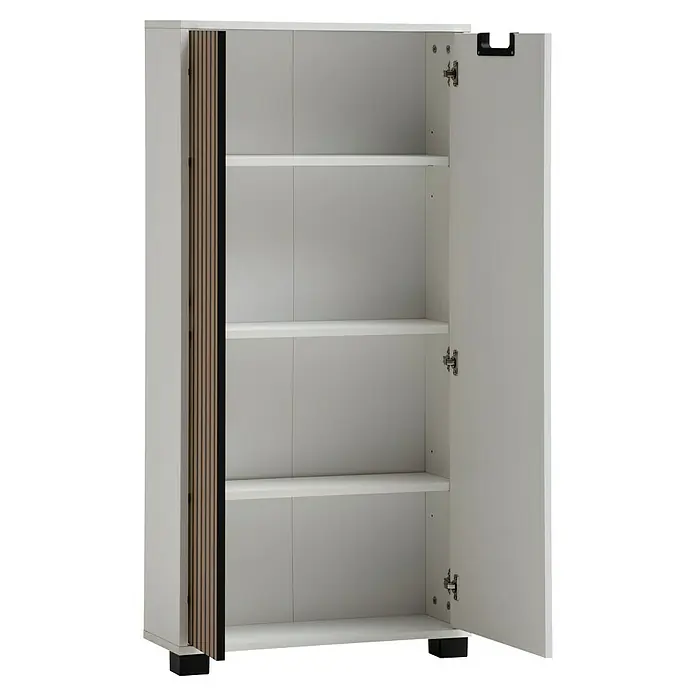 Schildmeyer Ryker Schrank - L x B x H: 19,5 x 59,8 x 124 cm, Weiß - Ein offener, weißer Kleiderschrank mit hellbraunen Akzenten und mehreren Einlegeböden, ideal für die Organisation von Kleidung und Accessoires.