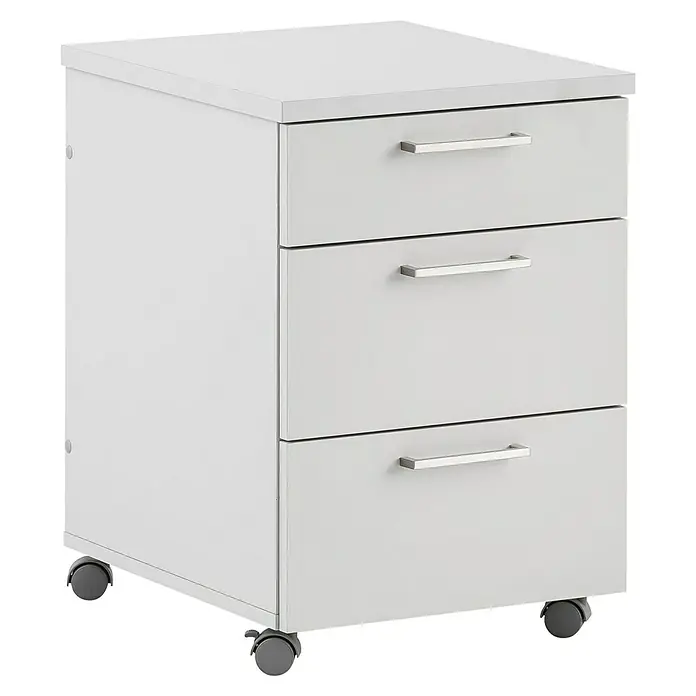 Schildmeyer 1500 Rollcontainer - L x B x H: 49,6 x 41,2 x 60,1 cm, Lichtgrau, Anzahl Schubladen: 3 Stk. - Abbildung eines weißen Rollcontainer mit drei Schubladen. Das Möbelstück ist ideal für Büro oder Arbeitszimmer zur Aufbewahrung von Dokumenten.