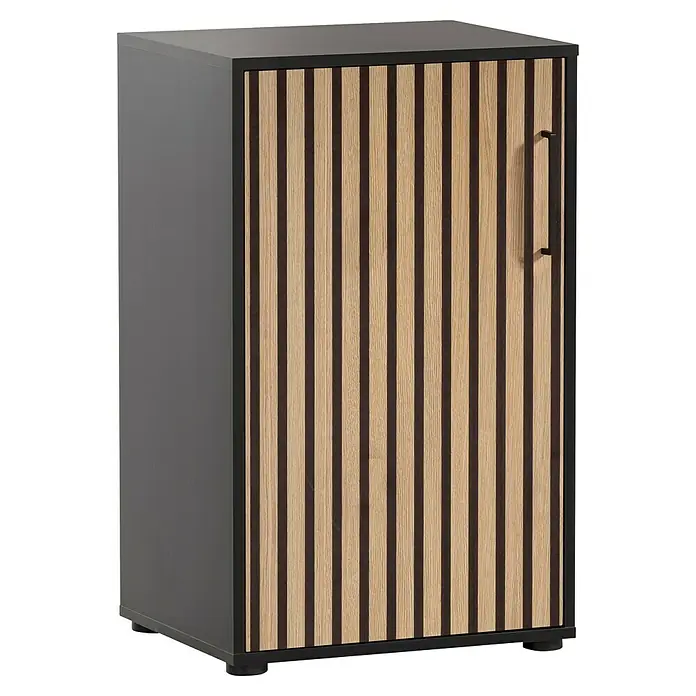 Schildmeyer Hank Schrank - L x B x H: 41 x 51 x 83,6 cm, Schwarz/Artisan Eiche - Elegantes graues Sideboard mit einer Tür mit Holzlatten und einem schlanken schwarzen Griff. Ideal für moderne Wohnräume.