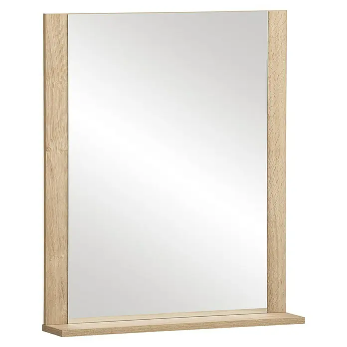Schildmeyer Emmik Ablagespiegel - B x H: 59,6 x 71,5 cm, Eiche - Elegantes rechteckiges Badzimmerspiegel mit einem hellen Holzrahmen, der eine moderne Note verleiht. Ideal für jedes Badezimmerdekor.