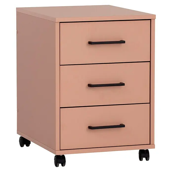 Schildmeyer Ruby Rollcontainer - L x B x H: 50 x 40 x 57 cm, Apricot, Anzahl Schubladen: 3 Stk. - Ein hellbraunes Rollcontainermöbel mit drei Schubladen und schwarzen Griffen, ideal für die Aufbewahrung von Büromaterialien.