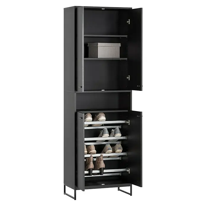 Schildmeyer Janne Schuhschrank - L x B x H: 33 x 60,2 x 185,5 cm, Schwarz, Anzahl Fächer: 1 Stk. - Grauer Schuhschrank mit offenen Türen und mehreren Schuhpaaren und einer Aufbewahrungsbox.