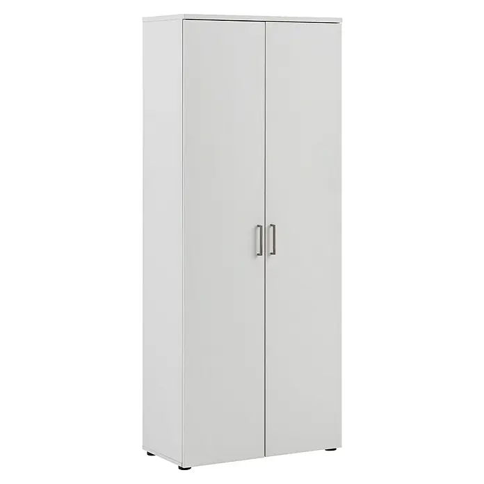 Schildmeyer 1500 Schrank - L x B x H: 41 x 80,2 x 199,5 cm, Lichtgrau - Ein geräumiger weißer Schrank mit zwei Türen und langen, rechteckigen Griffen, ideal für die Aufbewahrung von Kleidung und anderen Gegenständen.