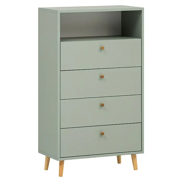 Schildmeyer Bjarne Highboard - L x B x H: 33 x 60,2 x 104,4 cm, Pistazie - Helle Kommode mit vier Schubladen und einem offenen Fach, ideal für die stilvolle Aufbewahrung im modernen Zuhause.