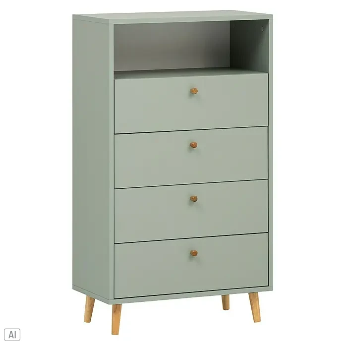 Schildmeyer Bjarne Highboard - L x B x H: 33 x 60,2 x 104,4 cm, Pistazie - Helle Kommode mit vier Schubladen und einem offenen Fach, ideal für die stilvolle Aufbewahrung im modernen Zuhause.
