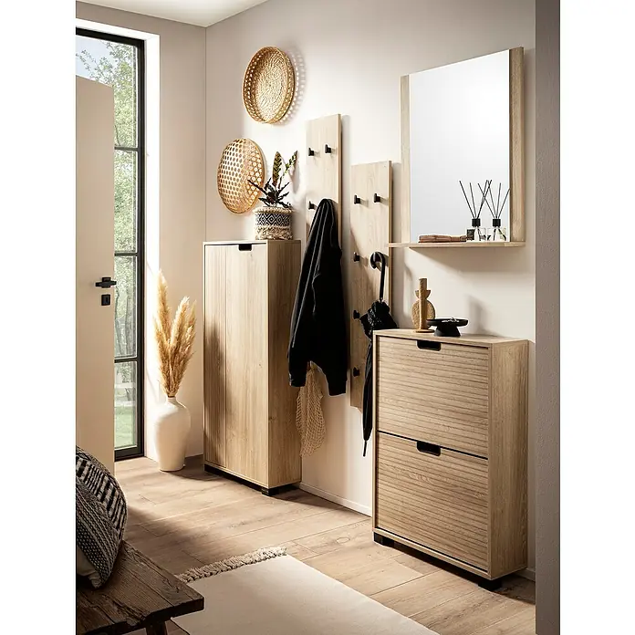 Schildmeyer Emmik Schuhregal - L x B x H: 19,5 x 59,8 x 85,2 cm, Eiche, Anzahl Fächer: 2 Stk. - Modernes Flurmöbel-Set mit Holzschrank, Spiegel und Garderobenpaneelen für einen stilvollen Eingangsbereich.