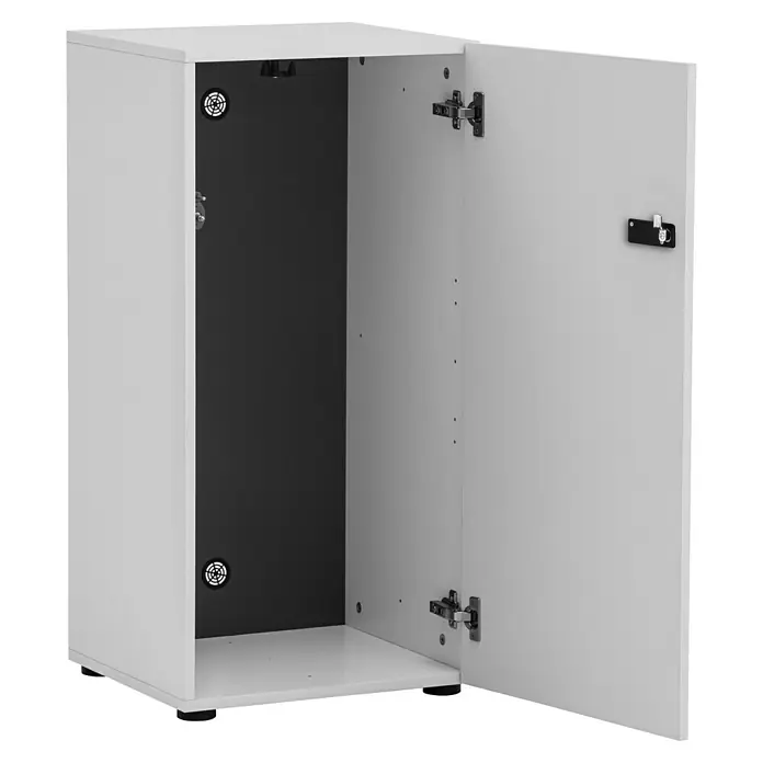 Schildmeyer Spind Locked - L x B x H: 40,6 x 45,5 x 92,6 cm, Anzahl Türen: 1 Stk., Weiß, Zahlenschloss - Abbildung eines weißen Schranks mit geöffneter Tür, der die Innenausstattung zeigt.