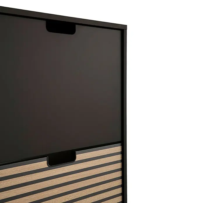 Schildmeyer Ryker Schuhregal - L x B x H: 59,8 x 19,5 x 85,2 cm, Schwarz, Anzahl Fächer: 2 Stk. - Nahaufnahme eines modernen Schuhschranks mit Schubladen in Schwarz und Holzoptik, der Stauraum und Stil vereint.