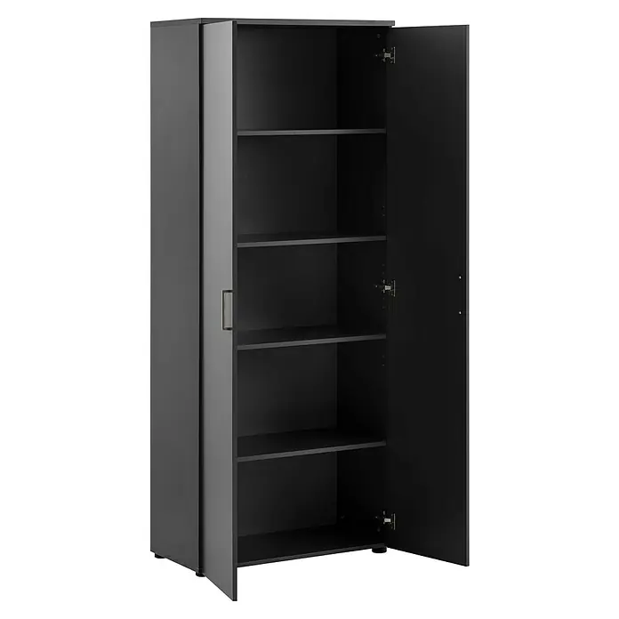 Schildmeyer 1500 Schrank - L x B x H: 41 x 80,2 x 199,5 cm, Anthrazit - Ein geräumiger grauer Büroschrank mit offenen Türen und mehreren Regalen bietet viel Stauraum für Akten und Büromaterial.