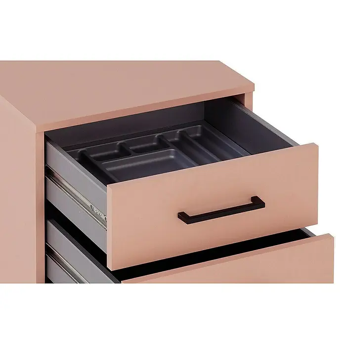Schildmeyer Ruby Rollcontainer - L x B x H: 50 x 40 x 57 cm, Apricot, Anzahl Schubladen: 3 Stk. - Schubladenelement in Rosa mit offenem Fach und schwarzem Griff. Die Schublade ist mit einer grauen Besteckablage versehen.