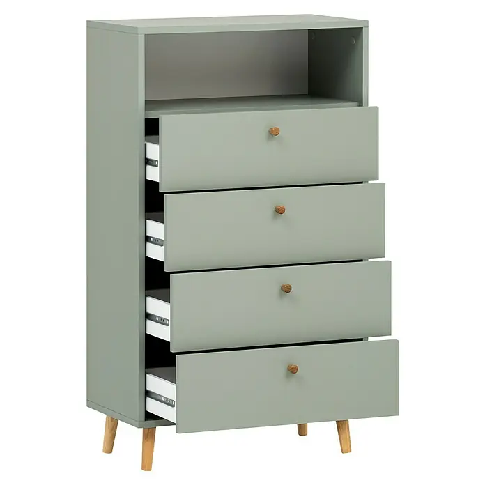 Schildmeyer Bjarne Highboard - L x B x H: 33 x 60,2 x 104,4 cm, Pistazie - Dieser moderne grüne Schubladenschrank bietet stilvollen Stauraum mit offenen Fächern und vier Schubladen mit Holzknöpfen.