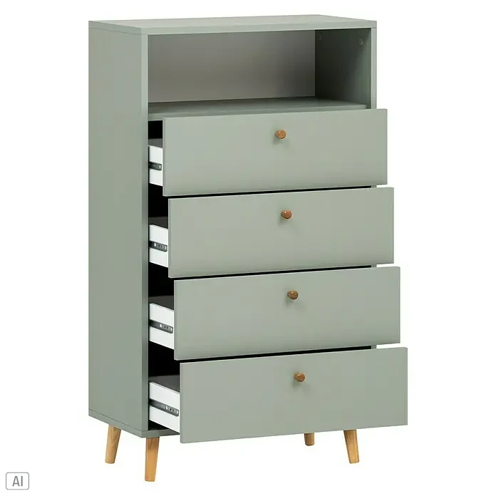 Schildmeyer Bjarne Highboard - L x B x H: 33 x 60,2 x 104,4 cm, Pistazie - Dieser moderne grüne Schubladenschrank bietet stilvollen Stauraum mit offenen Fächern und vier Schubladen mit Holzknöpfen.