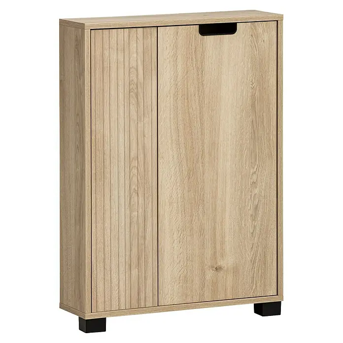 Schildmeyer Emmik Highboard - L x B x H: 19,5 x 59,9 x 85,2 cm, Eiche, Matt - Ein modernes Schuhkipper-Designmöbel mit zwei Türen in hellem Holzdekor, ideal für die Aufbewahrung von Schuhen im Flur.