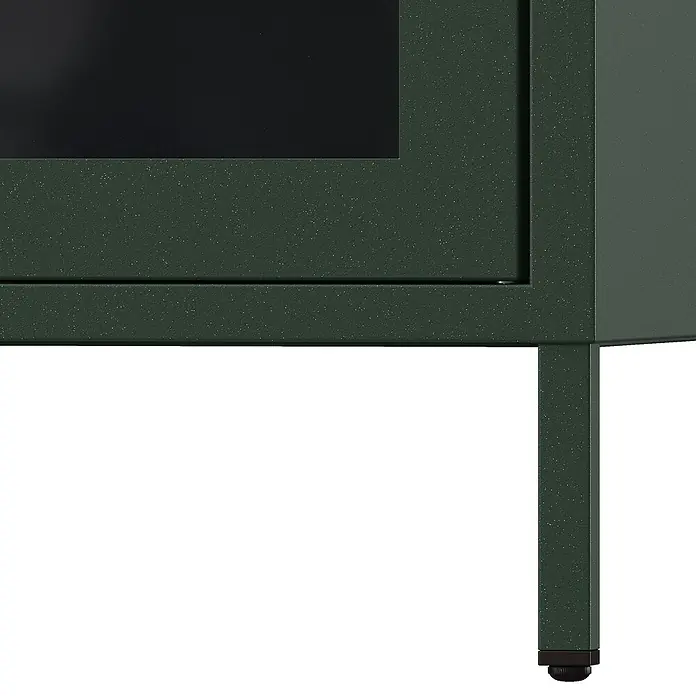 Jan Nowak Vitrine Gina - B x T x H: 80 x 40 x 101,5 cm, Flaschengrün - Detailaufnahme eines grünen Schranks mit Metallbeinen, der eine robuste und moderne Ästhetik zeigt.