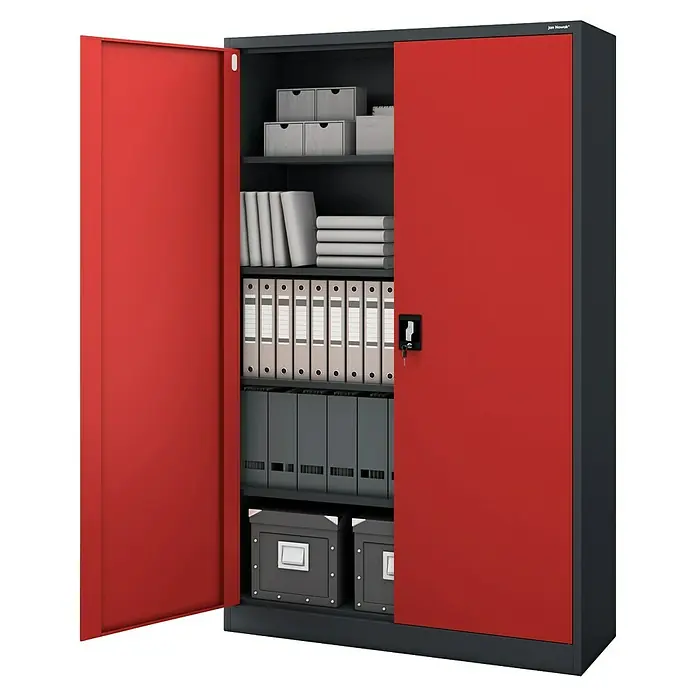 Jan Nowak Aktenschrank Jan II - B x T x H: 115 x 40 x 185 cm, Anthrazit/Rot - Ein offener, rot-grauer Stahlschrank mit Regalen, gefüllt mit Ordnern, Kisten und Büchern, ideal für Büro oder Lager.