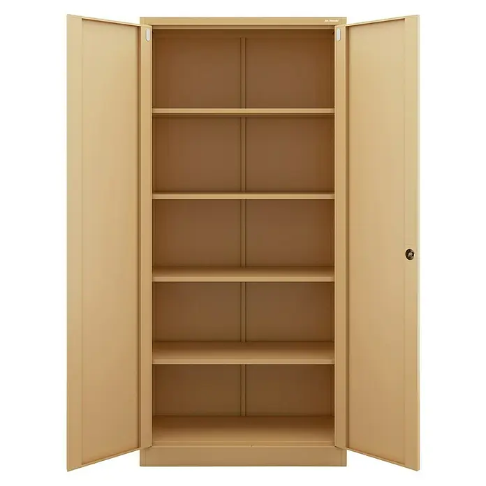 Jan Nowak Aktenschrank Jan - B x T x H: 90 x 40 x 195 cm, Beige - Offener Aktenschrank mit hellbrauner Oberfläche und mehreren Regalen zur Aufbewahrung von Bürobedarf und Dokumenten.